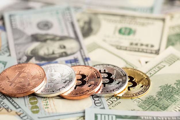Bitcoin various colors top dollar bills 23