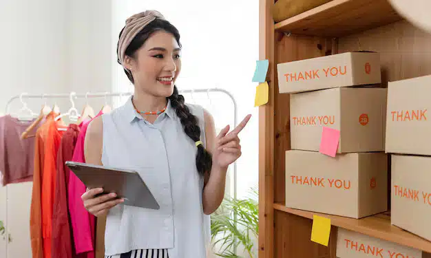 Entrepreneur asian young woman sell clothes check order product working home startup