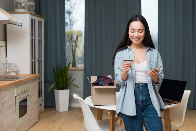 Front view woman ordering online while looking credit card 23