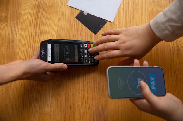 High angle customer paying with nfc device 23