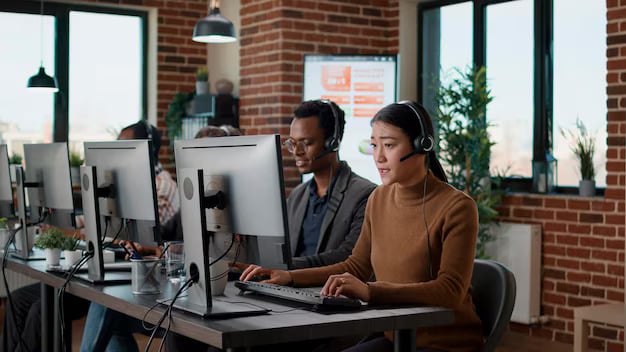 Multiethnic team people working call center office using audio headset telecommunications help