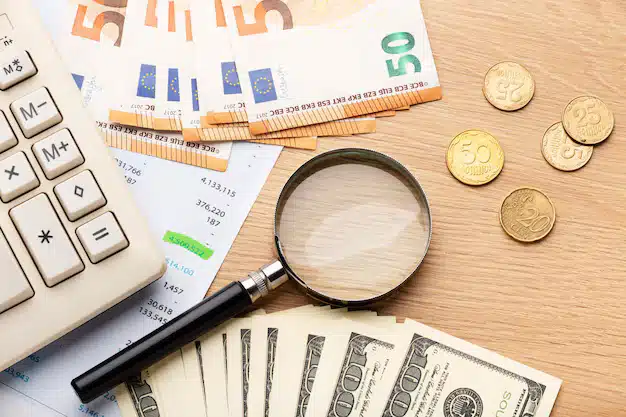 Top view calculator money arrangement 23